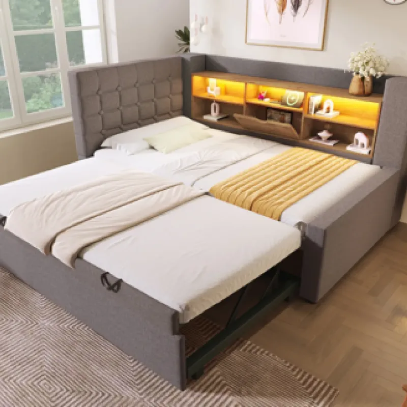 Upholstered Daybed with Guest Trundle, Storage and USB Charging - Grey Linen