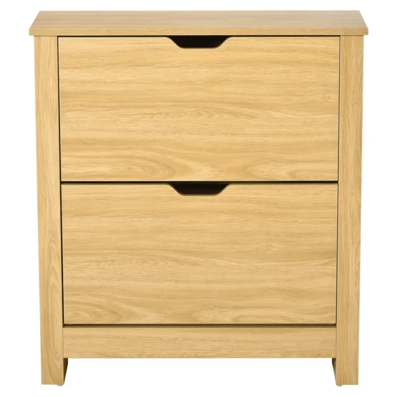 Narrow Shoe Storage Cabinet with 2 Flip Drawers - Oak Finish