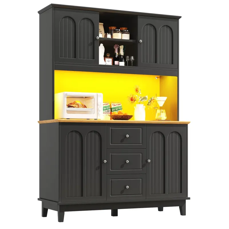 120cm Kitchen Larder Cupboard with App-Controlled LED Lighting - Black Sideboard with 3 Drawers