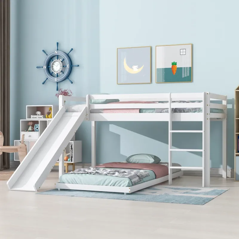 Children's White Wooden Bunk Bed with Slide and Adjustable Lower Bed
