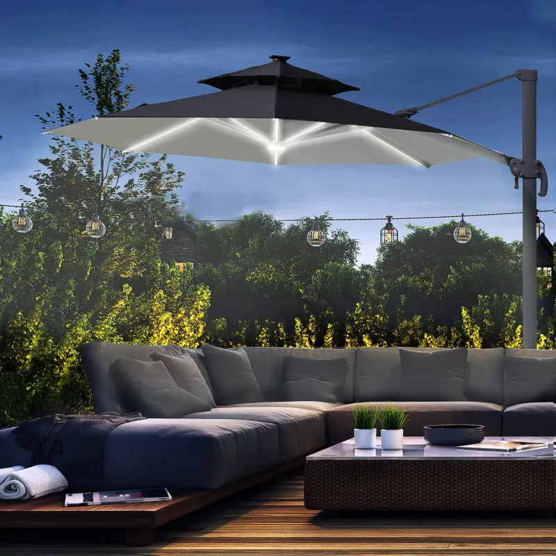  3.3m Solar Powered LED Cantilever Parasol with 360° Rotation and Power Bank - Dark Grey