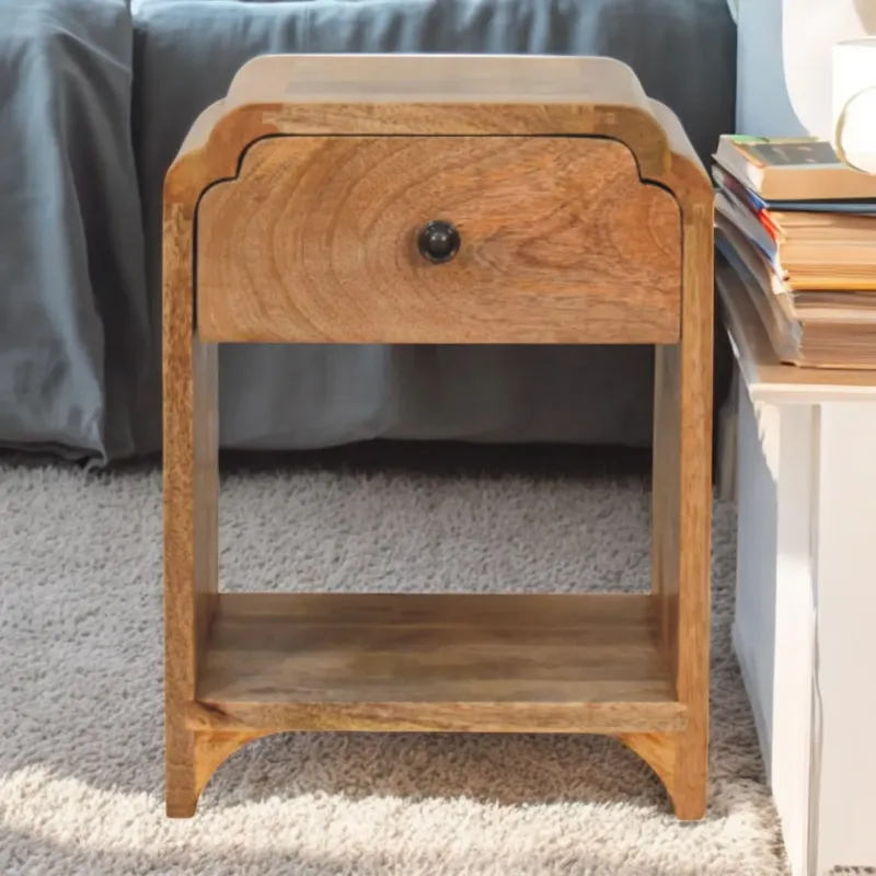 Newton Solid Mango Wood Bedside Table with Drawer and Shelf, Oak-ish
