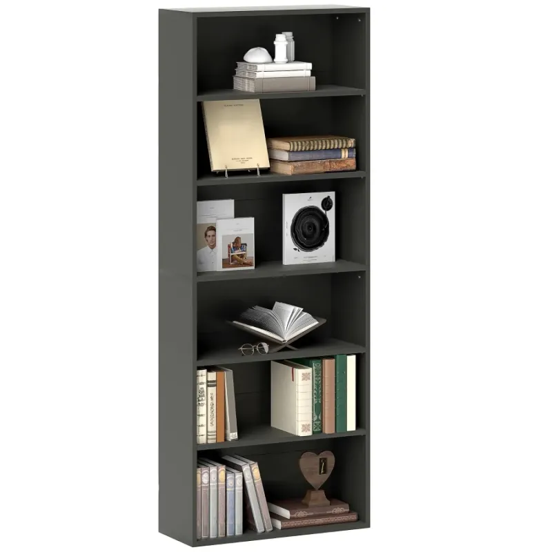 Black Six Shelf Bookcase with Adjustable Shelves