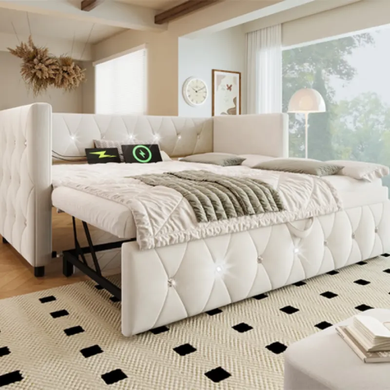 3FT Single Beige Velvet Daybed with Pull-Out Trundle and USB Charging