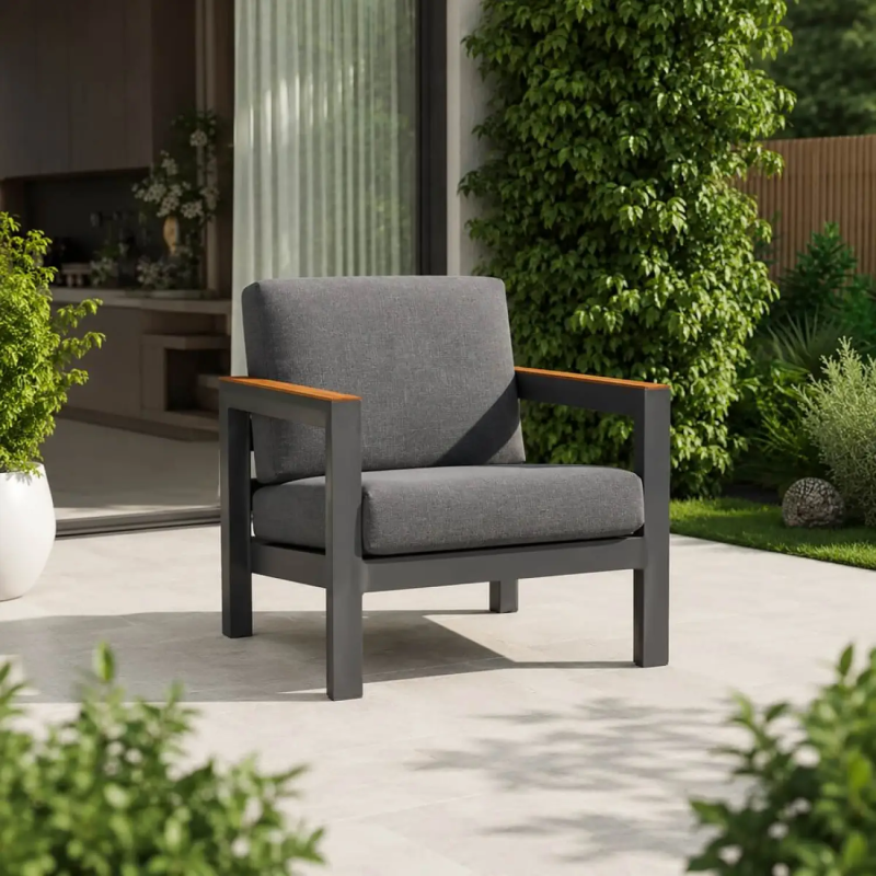 Arve Single Aluminium Garden Sofa with Teak Armrests - Carbon Black