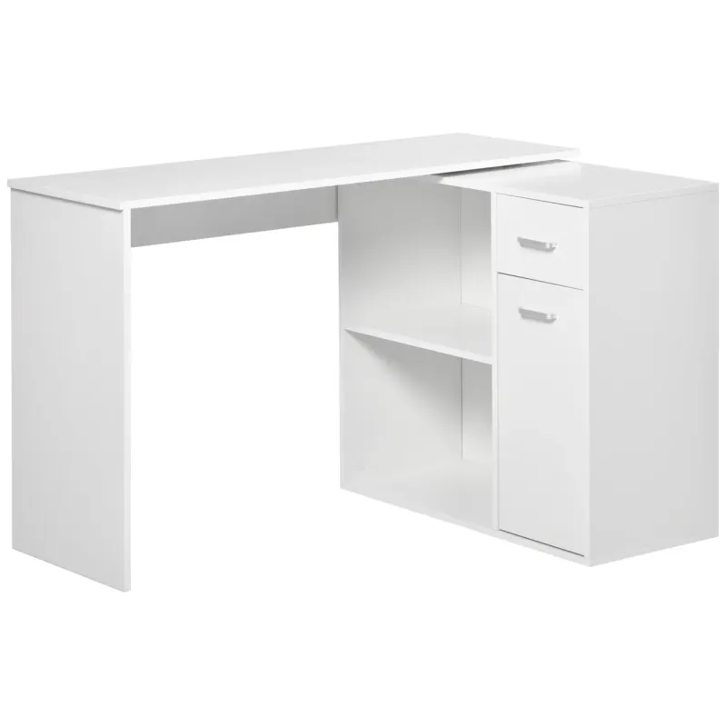 Rotating L-Shaped Corner Desk with Storage Drawer and Cabinet - White Wood Grain