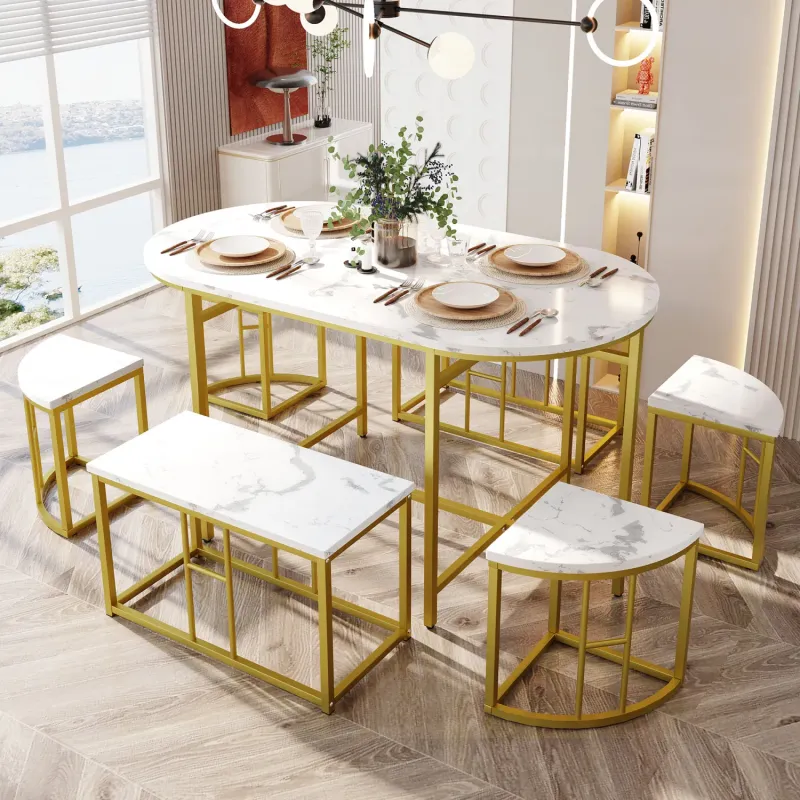 6-Seater Modern Dining Set with White MDF Top and Gold-Plated Iron Frames