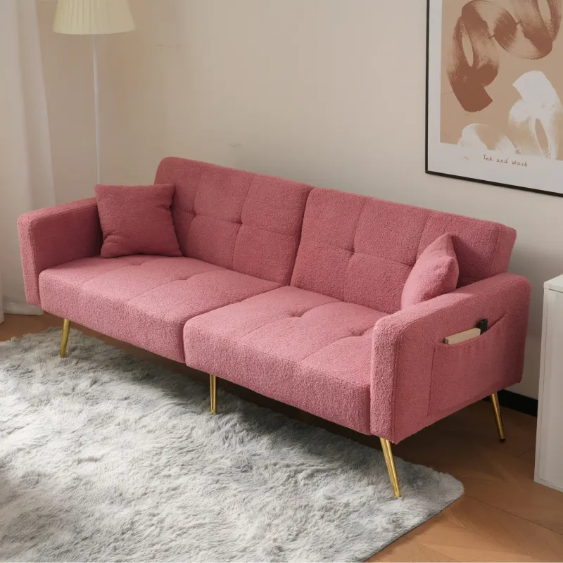 Pink Sherpa 2-Seater Sofa Bed with Gold Legs and Storage Pockets