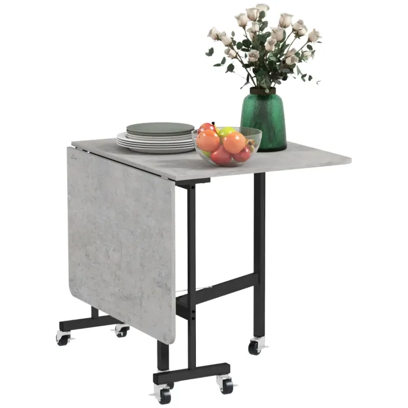 Mobile Drop Leaf Dining Table with 6 Wheels - Grey Marble Effect