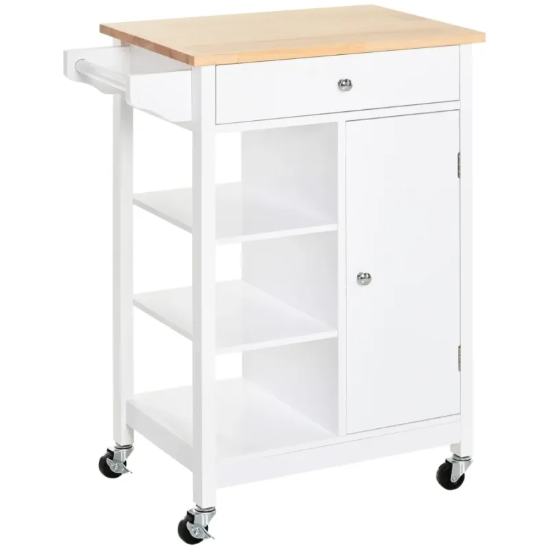 Kitchen Island with Wood Top, Drawer and Shelves - White