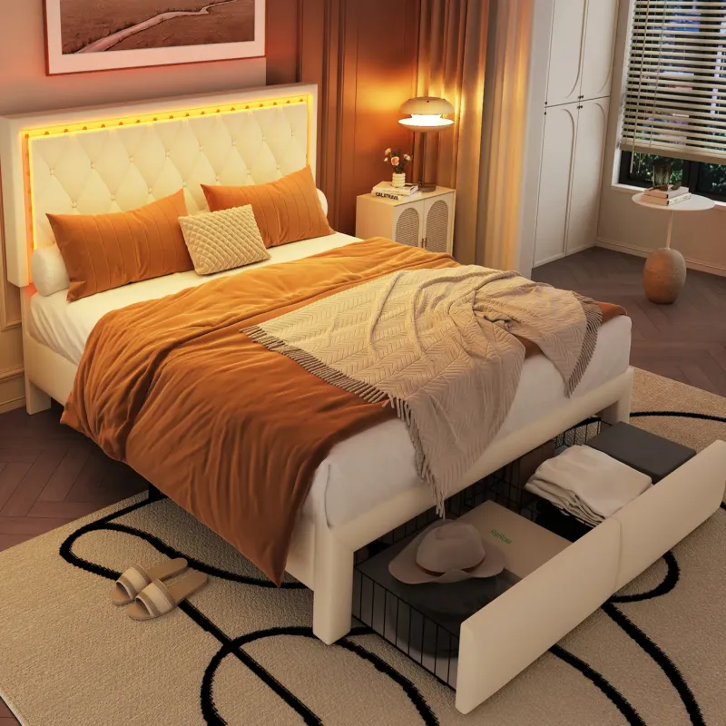 4ft6 Double Upholstered Bed with LED Lighting and 2 Storage Drawers - Beige