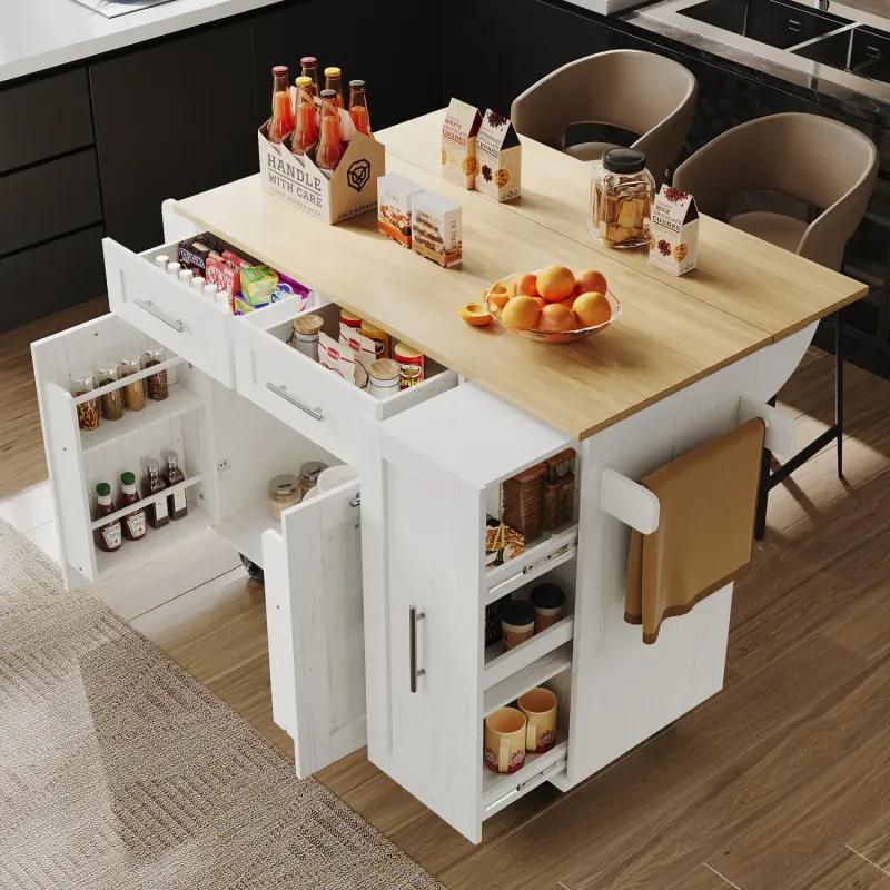 White Kitchen Island with Extendable Drop-Leaf Breakfast Bar and Wood Grain Top
