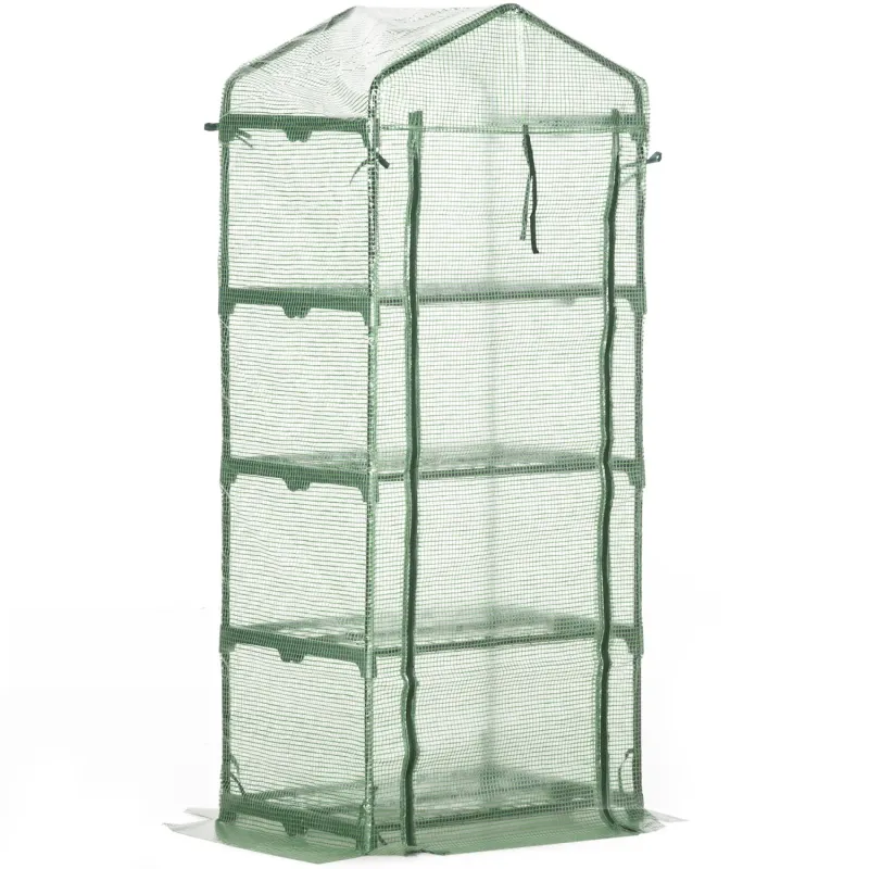 4 Tier Mini Greenhouse with Steel Frame and PE Cover - 70 x 50 x 160 cm - Green