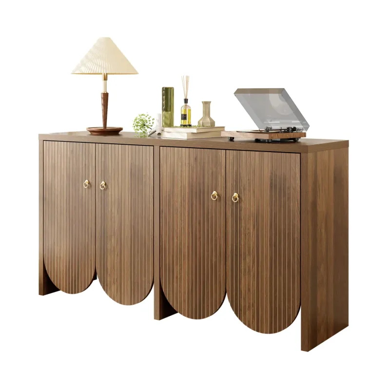 147cm Walnut Effect 4-Door Sideboard with Grooved Fronts and Aluminium Handles
