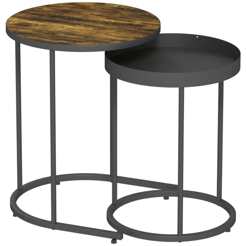  Set of 2 Industrial Nesting Side Tables with Tray Top - Wood Effect and Black