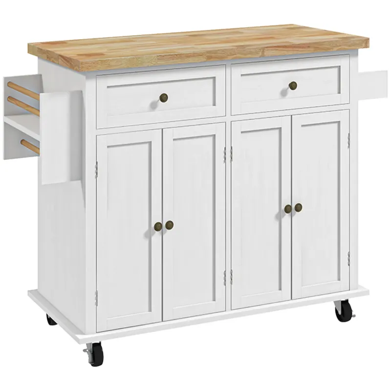 Kitchen Island Storage Trolley with Rubberwood Top - White