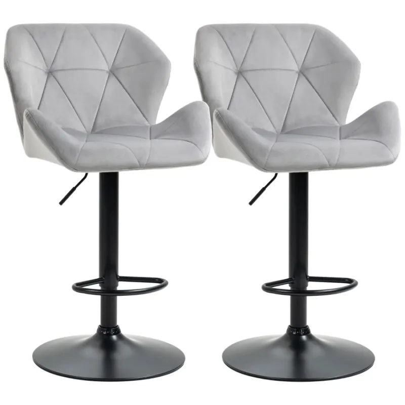 Set of 2 Grey Velvet-Touch Adjustable Bar Stools with Swivel Base and Footrest