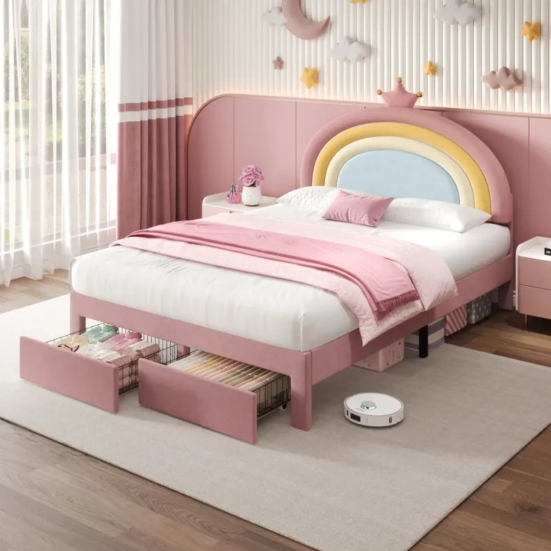Double Velvet Upholstered Bed Frame with Rainbow Crown Headboard and Storage Drawers - Pink