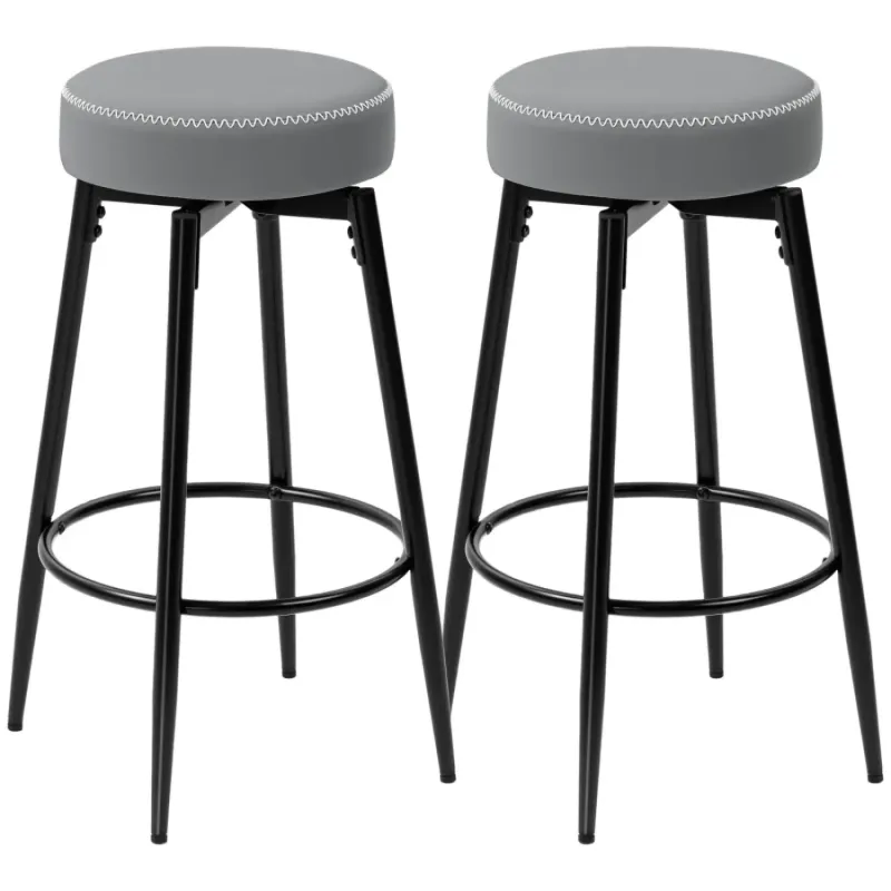 Set of 2 Grey and Black Faux Leather Swivel Bar Stools with Padded Seats
