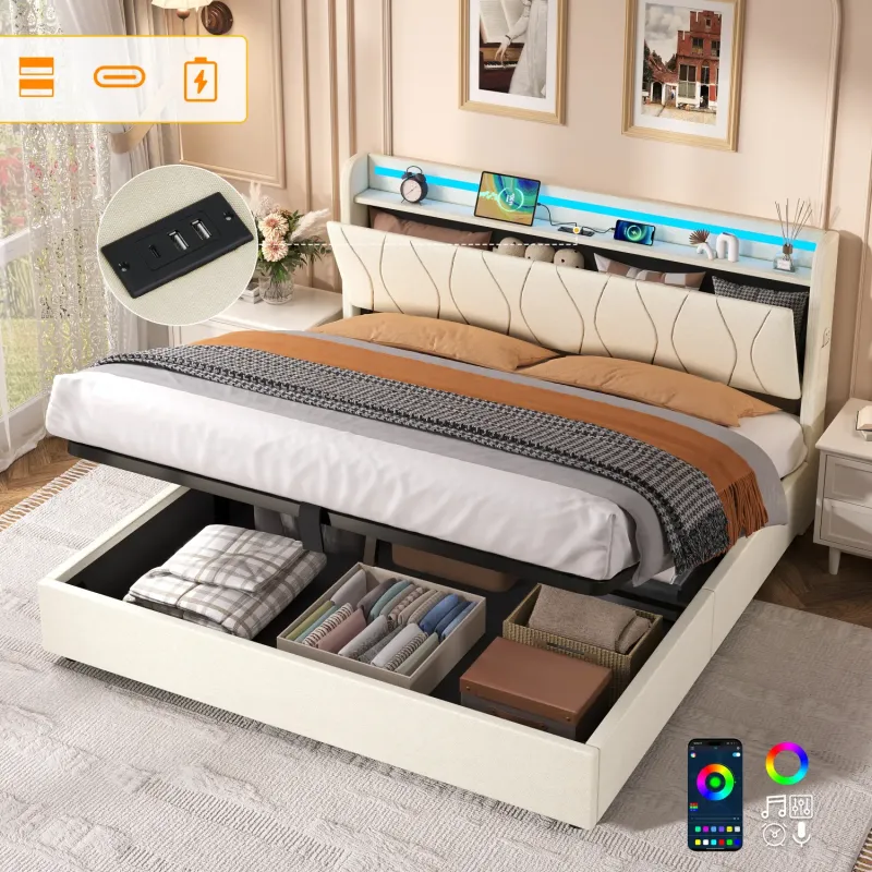 King Upholstered Ottoman Bed Frame with LED Headboard and Charging Station - Beige Linen