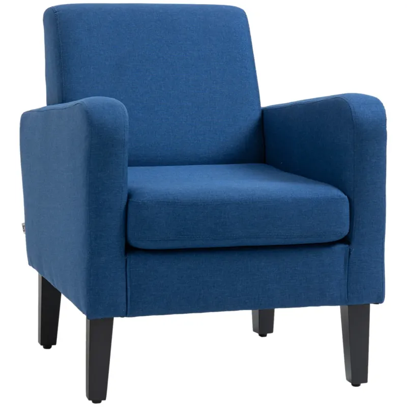 Linen-Look Armchair, in Blue, with Rubberwood Legs
