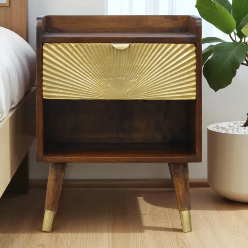 Manila Gold Chestnut Solid Mango Wood 1 Drawer Bedside Table with Shelf