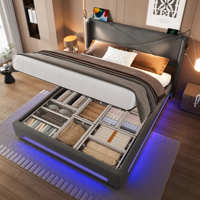 Modern Dark Grey Velvet Ottoman Storage Bed with Reading Lamps and USB Charging - King Size