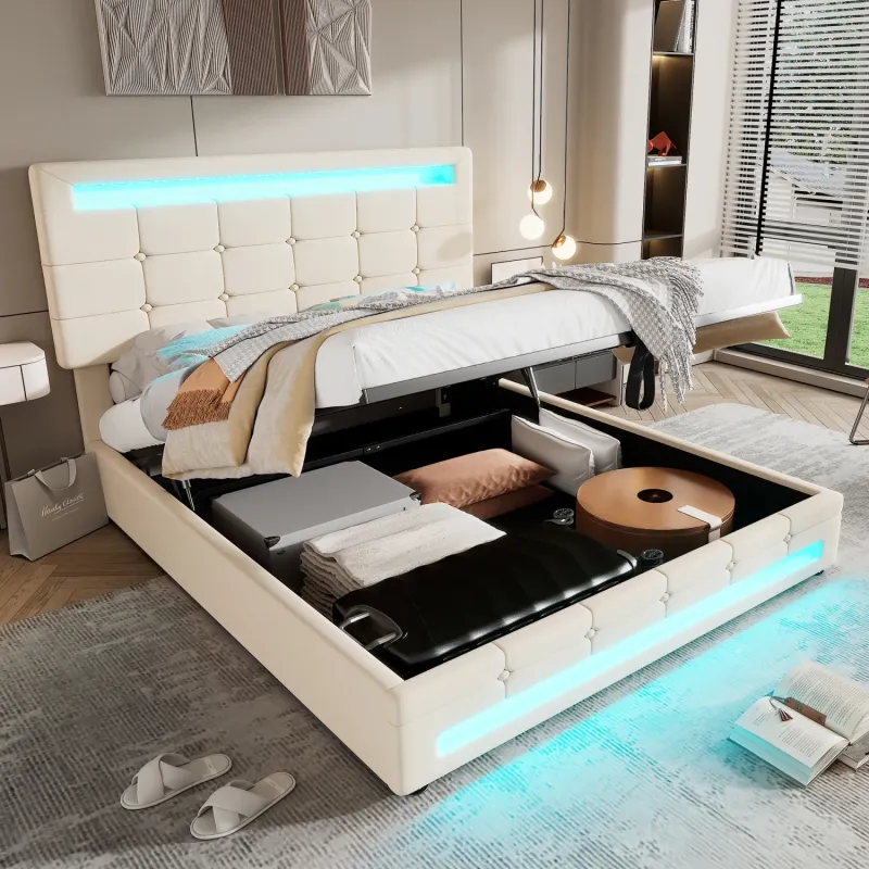 Beige Velvet 4ft6 Double Ottoman Bed with App-Controlled LED Lighting