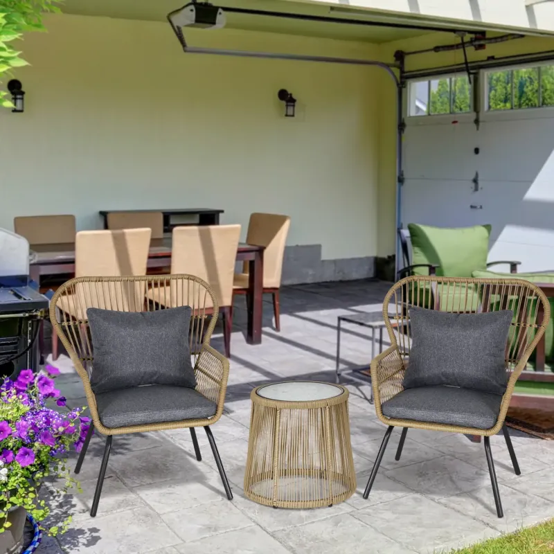  3-Piece Rattan Bistro Set with Cushions and Glass Top Table - Brown