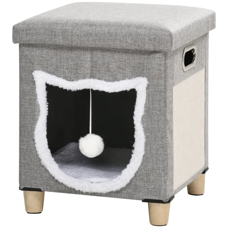 Cat House Cube with Scratching Pad and Washable Cushion - Grey