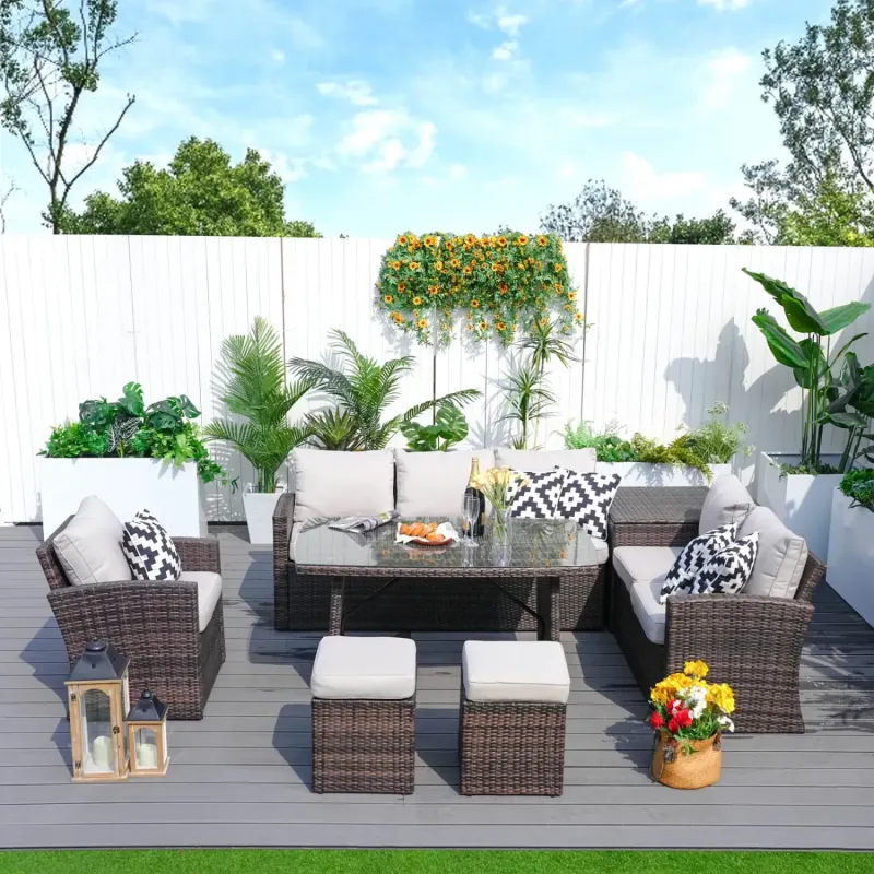 Rattan Garden Sofa Set, 8 Seater Set, in Brown, with a Rectangular Table & Storage Box