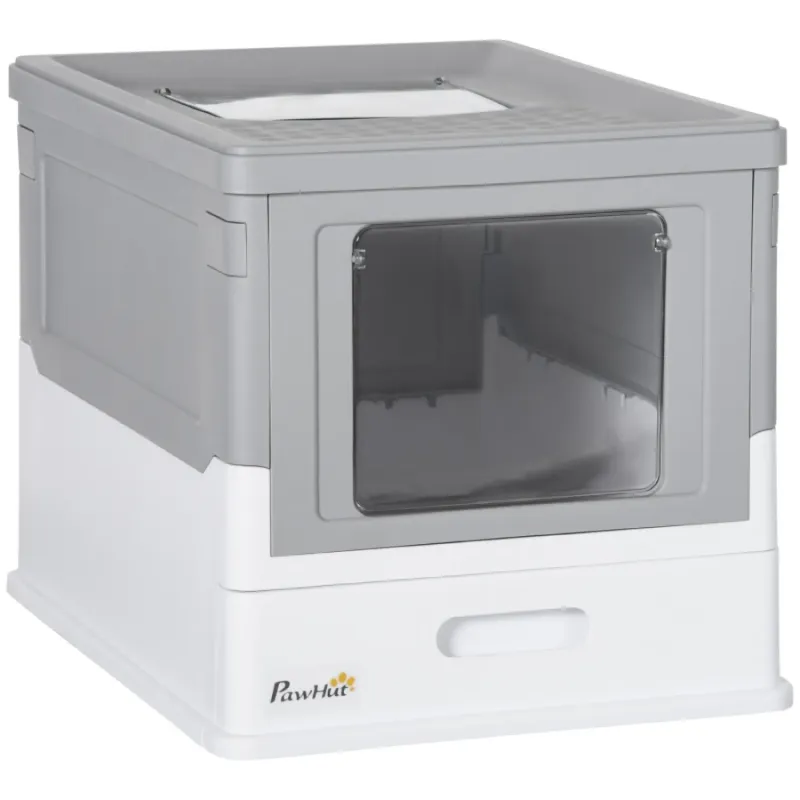 Hooded Cat Litter Box with Top Exit and Scoop - Grey