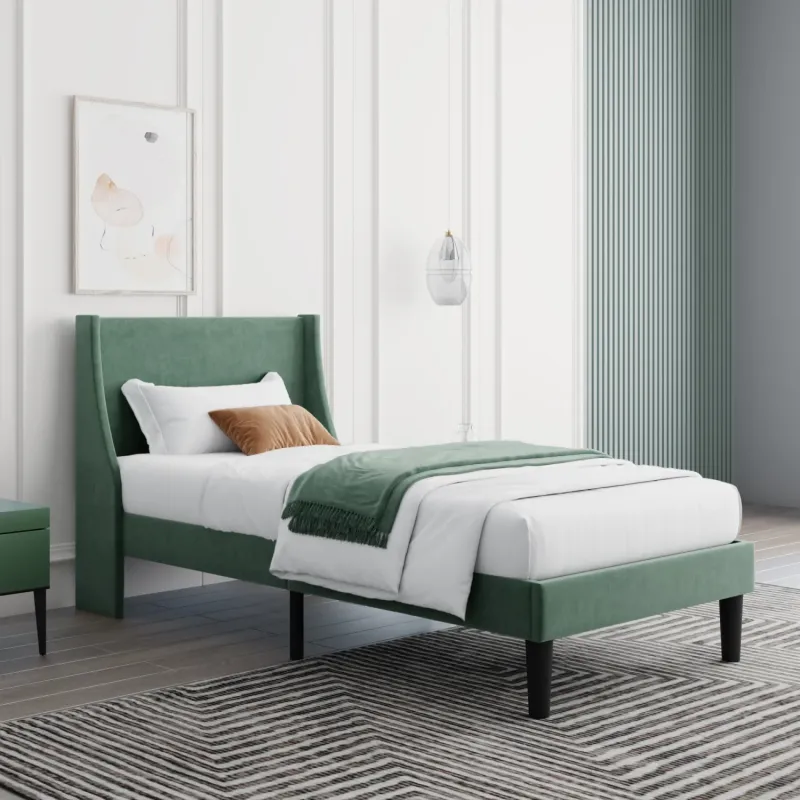 Moss Green Velvet Single 3ft Bed Frame with Winged Headboard