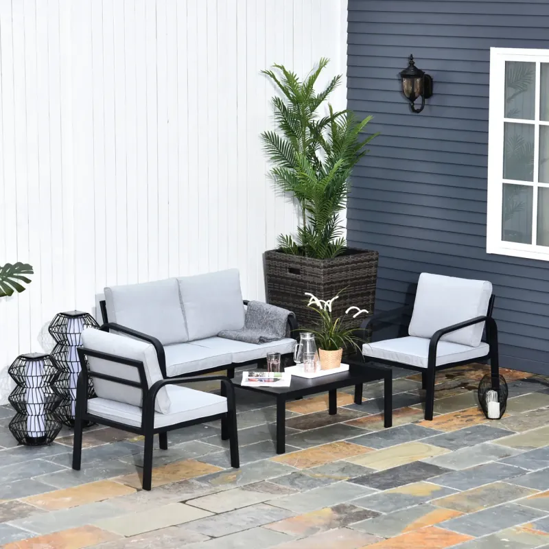  4-Piece Aluminium Garden Sofa Set with Coffee Table and Cushions - Black
