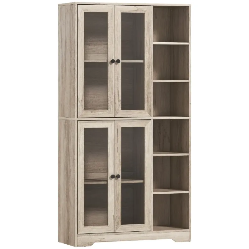  Grey Wood-Effect Kitchen Larder Cupboard with Glass Doors and Side Shelving