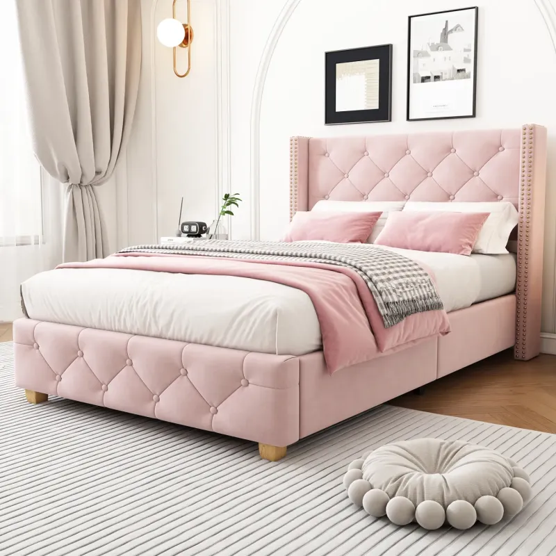 Pink Velvet Upholstered Single 3ft Bed Frame with Button Tufting