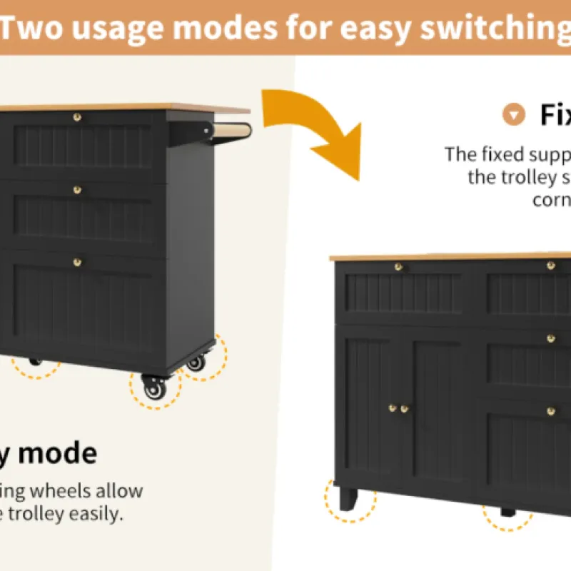 Black Kitchen Island Trolley with Drop Leaf Breakfast Bar and 3 Drawers
