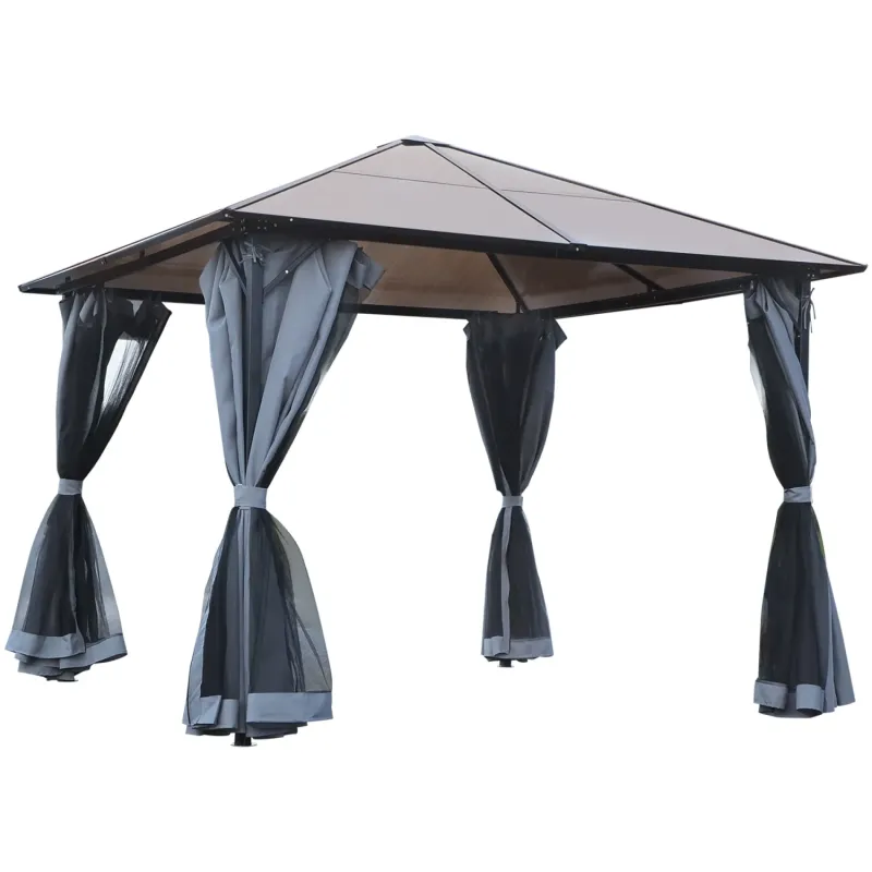 3m x 3m Aluminium Hardtop Gazebo with Side Curtains and Netting - Grey