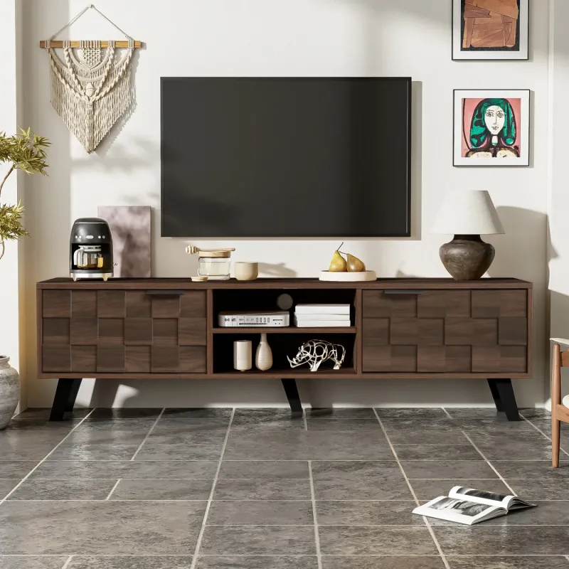 Wood Effect TV Unit, 160.5cm, in Natural Wood, with Soft-Close Doors and Open Shelves