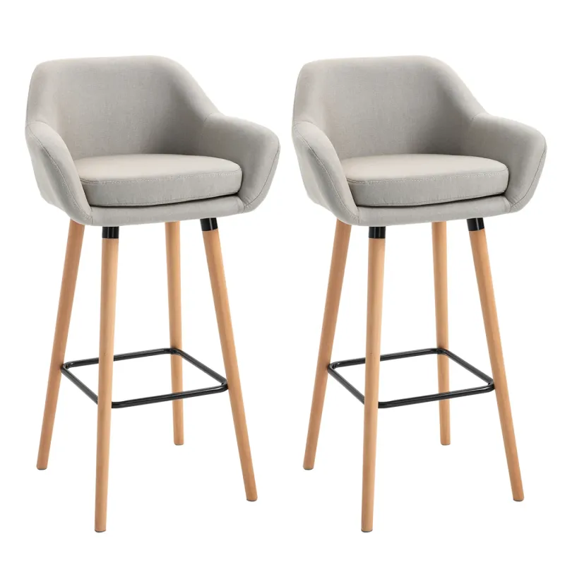 Bar Stools, Set of 2, Linen Upholstered in Beige with Solid Wood Legs
