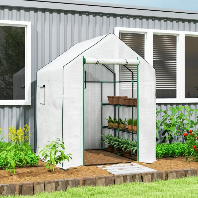 Walk-In Garden Greenhouse with 8 Shelves and Reinforced Cover - 143 x 140cm, White
