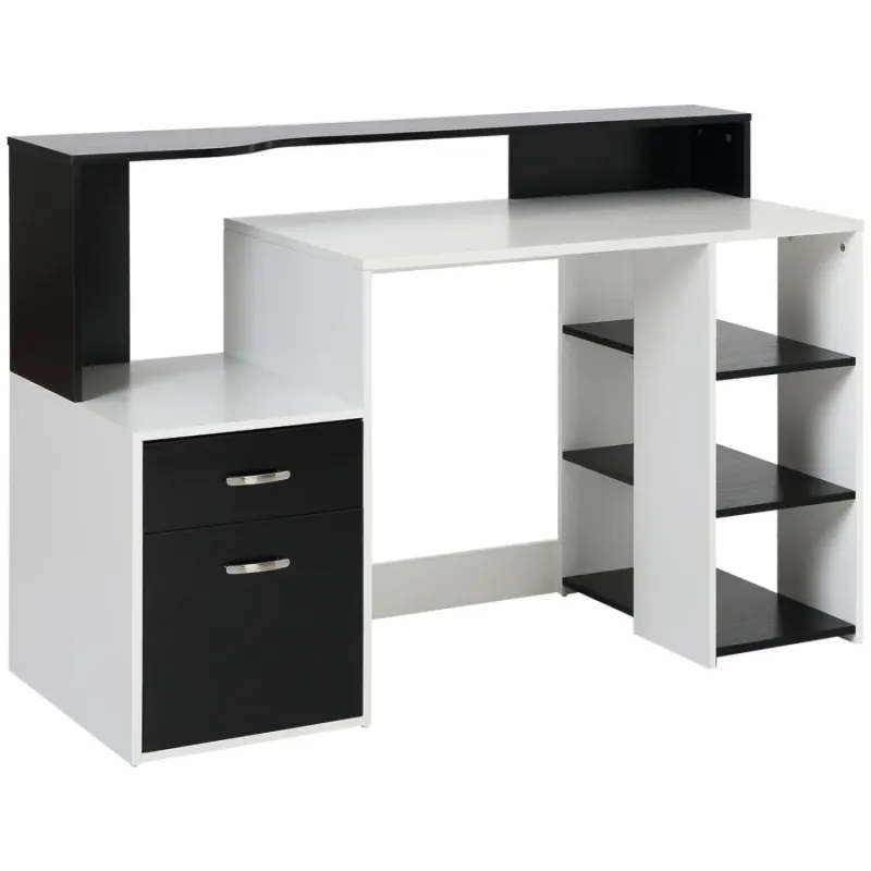 Modern Computer Desk with 2 Drawers and Storage Shelves - Black & White