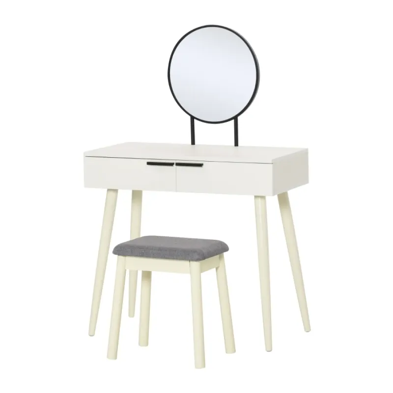 White Dressing Table with Mirror and Stool - 2 Drawers