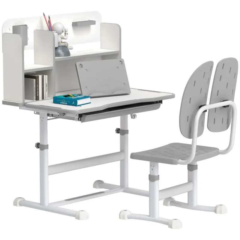 Height Adjustable Kids Desk and Chair Set with Tiltable Desktop - Grey