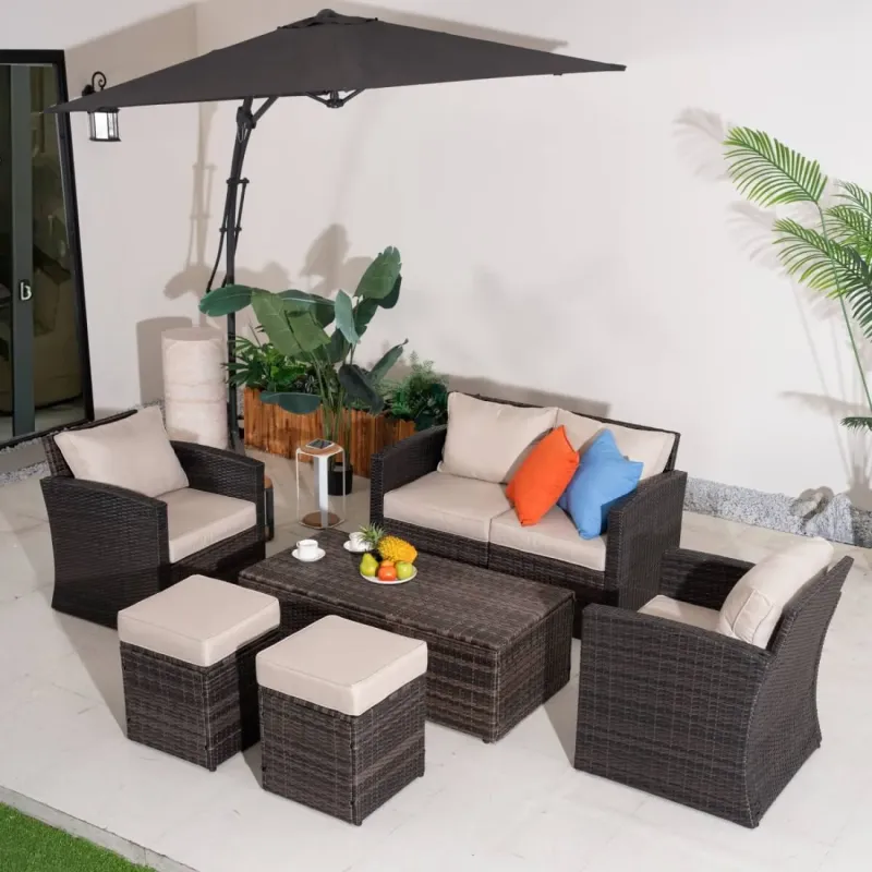 6-Seater Rattan Garden Sofa Set with Storage Coffee Table and Footstools