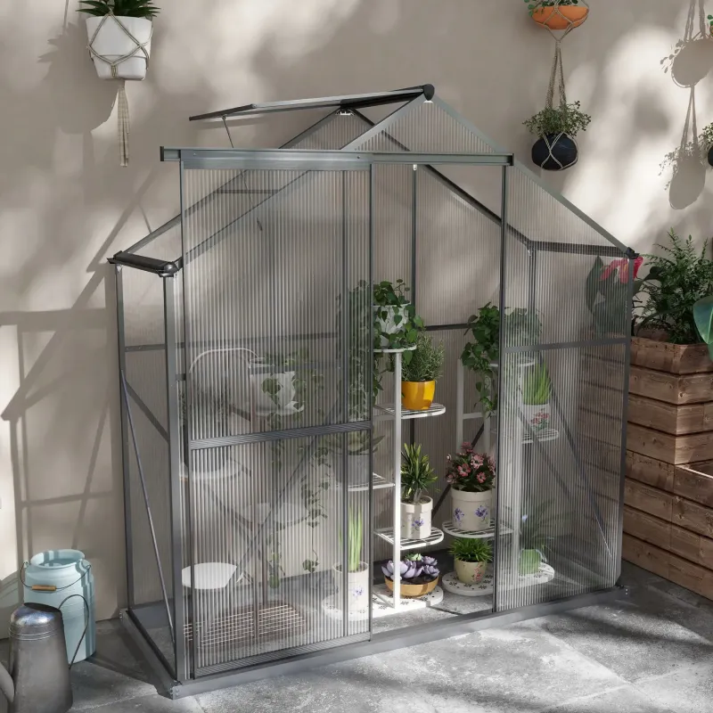  6 x 2.5ft Slim Walk-In Polycarbonate Greenhouse with Sliding Door & Window - Dark Grey