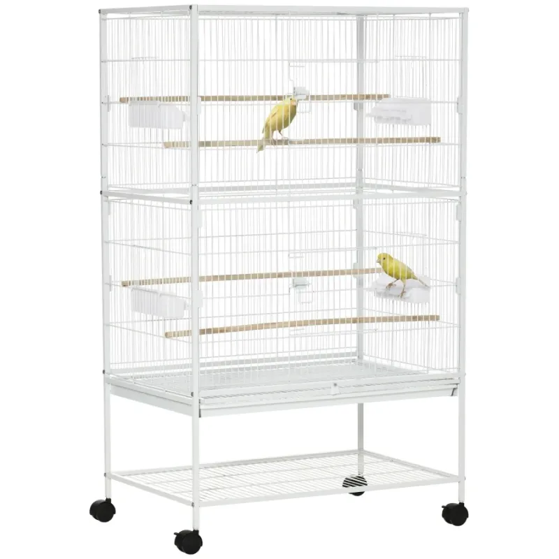Large Bird Cage with Rolling Stand & Storage Shelf - White