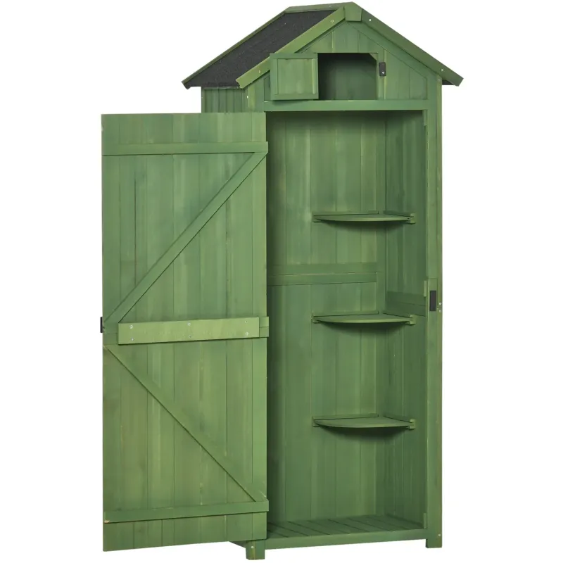 Fir Wood Garden Shed, 77 x 54.2 x 179 cm, in Green, with 3 Removable Shelves & Roof Hatch