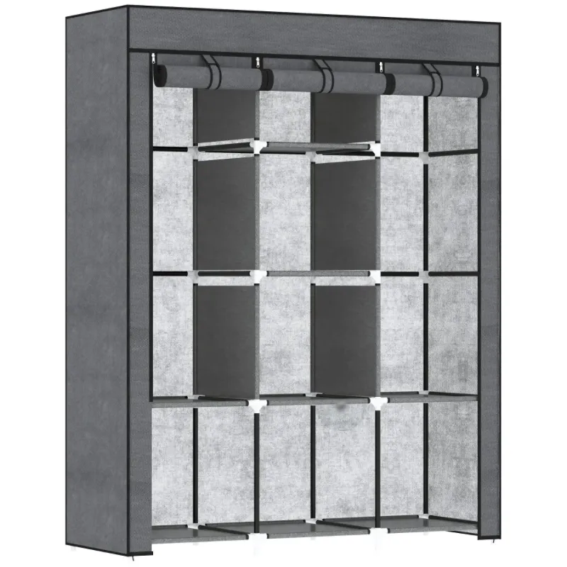 Dark Grey Fabric Wardrobe with 2 Hanging Rails and 8 Shelves
