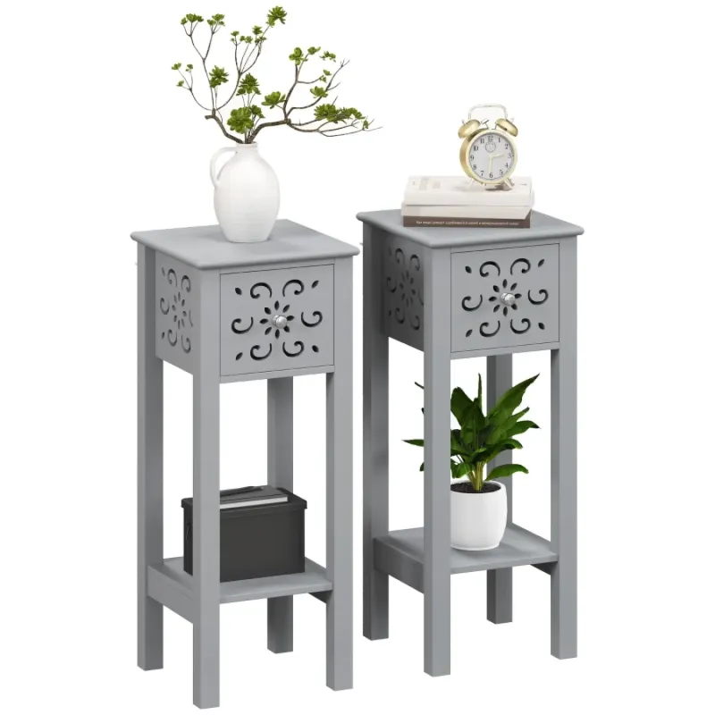 MDF Side Tables Set of Two, 75cm Tall, in Grey, with Floral Cut-Out Storage